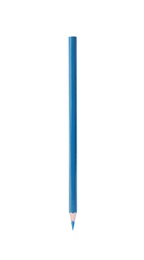 Photo of Blue wooden pencil on white background. School stationery