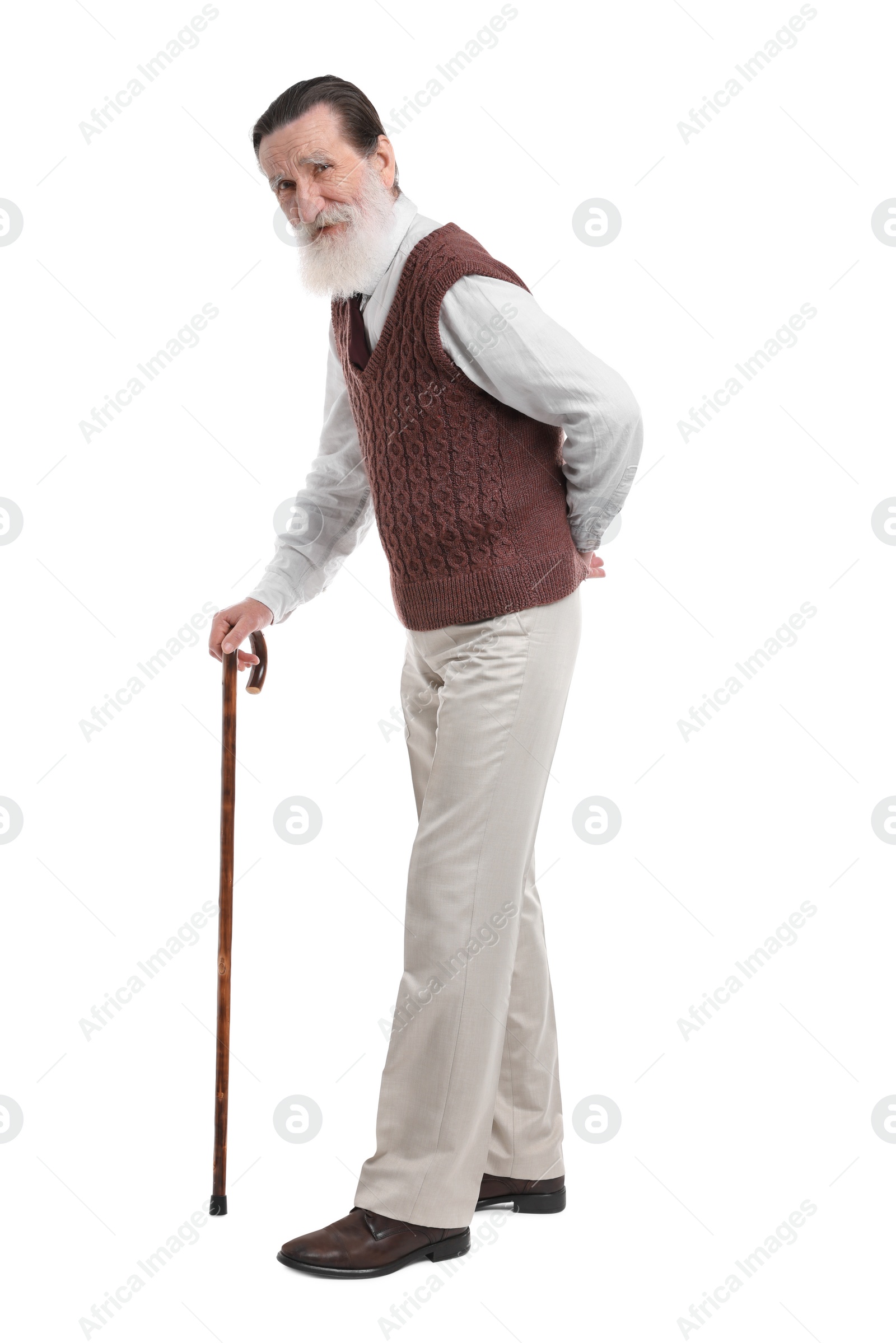 Photo of Senior man with walking cane on white background