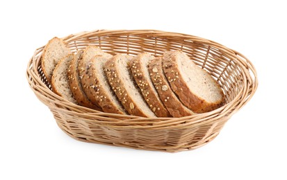 Slices of fresh homemade bread in wicker basket isolated on white