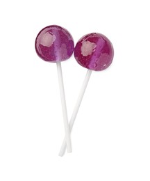 Two sweet purple lollipops isolated on white, top view