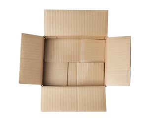 Photo of Open empty cardboard box on white background