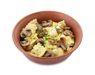 Photo of Delicious ravioli with mushrooms isolated on white