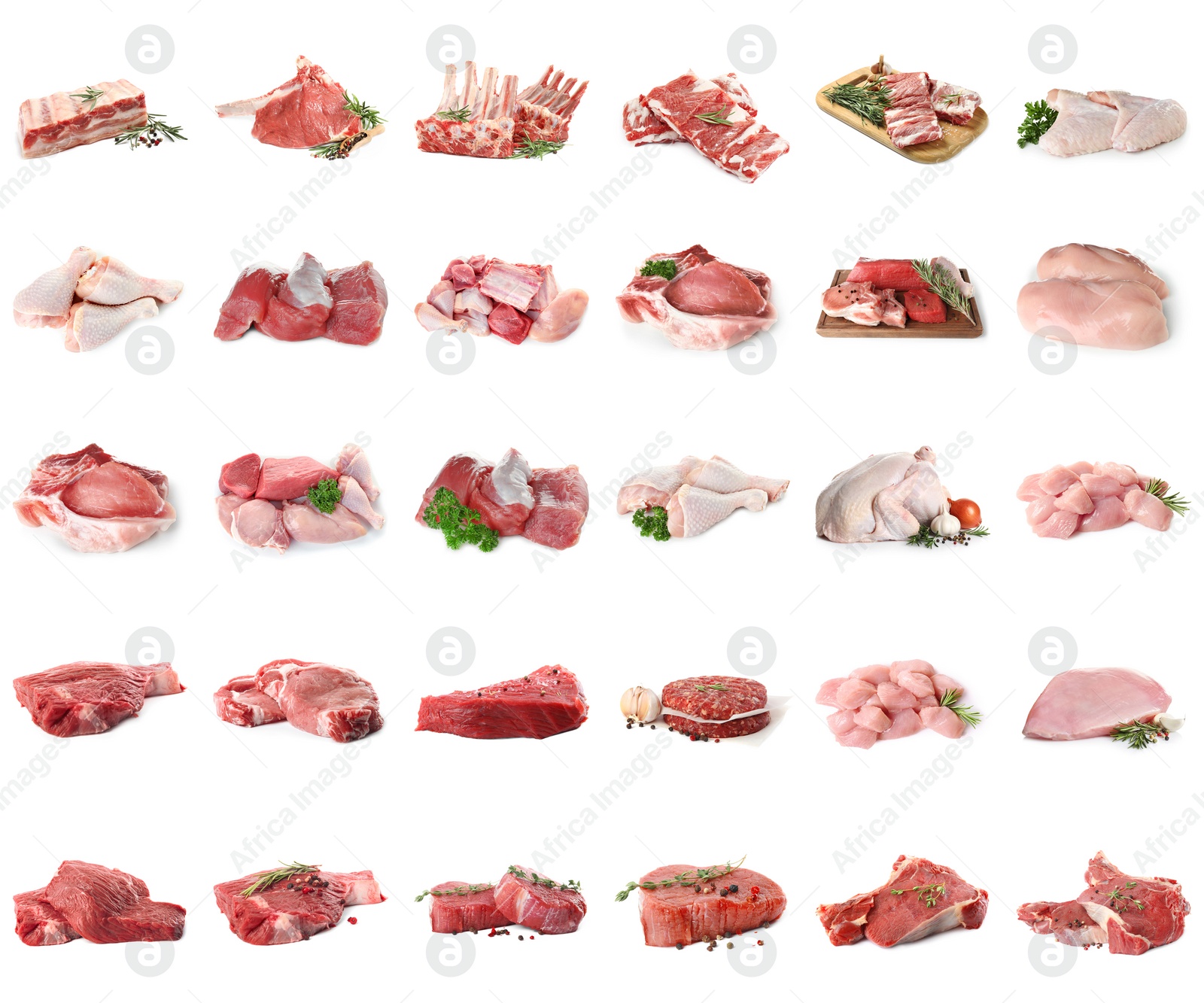 Image of Set with different raw meat on white background