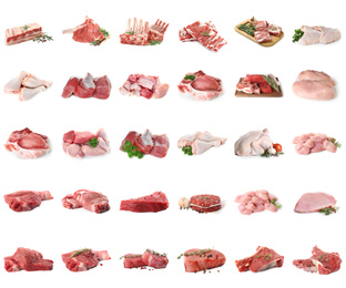 Set with different raw meat on white background