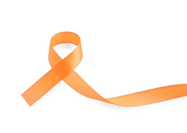 Photo of Orange awareness ribbon isolated on white, top view