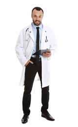 Full length portrait of male doctor with clipboard isolated on white. Medical staff