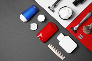 Flat lay composition with shaving accessories for men on color background