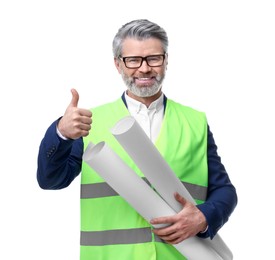 Photo of Architect in glasses holding drafts showing thumb up on white background