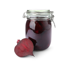 Pickled beets in glass jar isolated on white