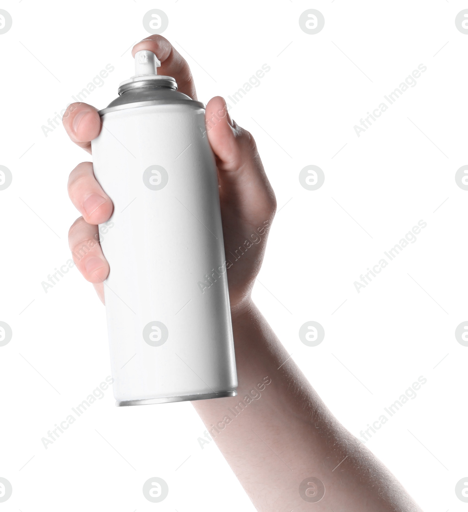 Photo of Man with can of spray paint on white background, closeup