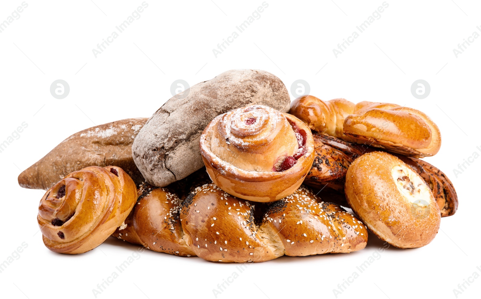 Photo of Fresh breads and pastries on white background