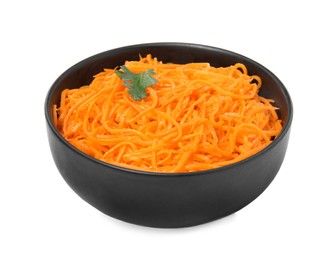 Photo of Delicious Korean carrot salad with parsley in bowl isolated on white