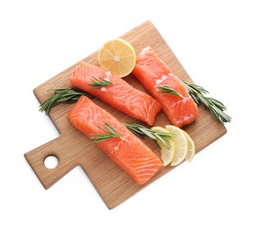 Photo of Pieces of fresh raw salmon, rosemary and lemon slices isolated on white, top view