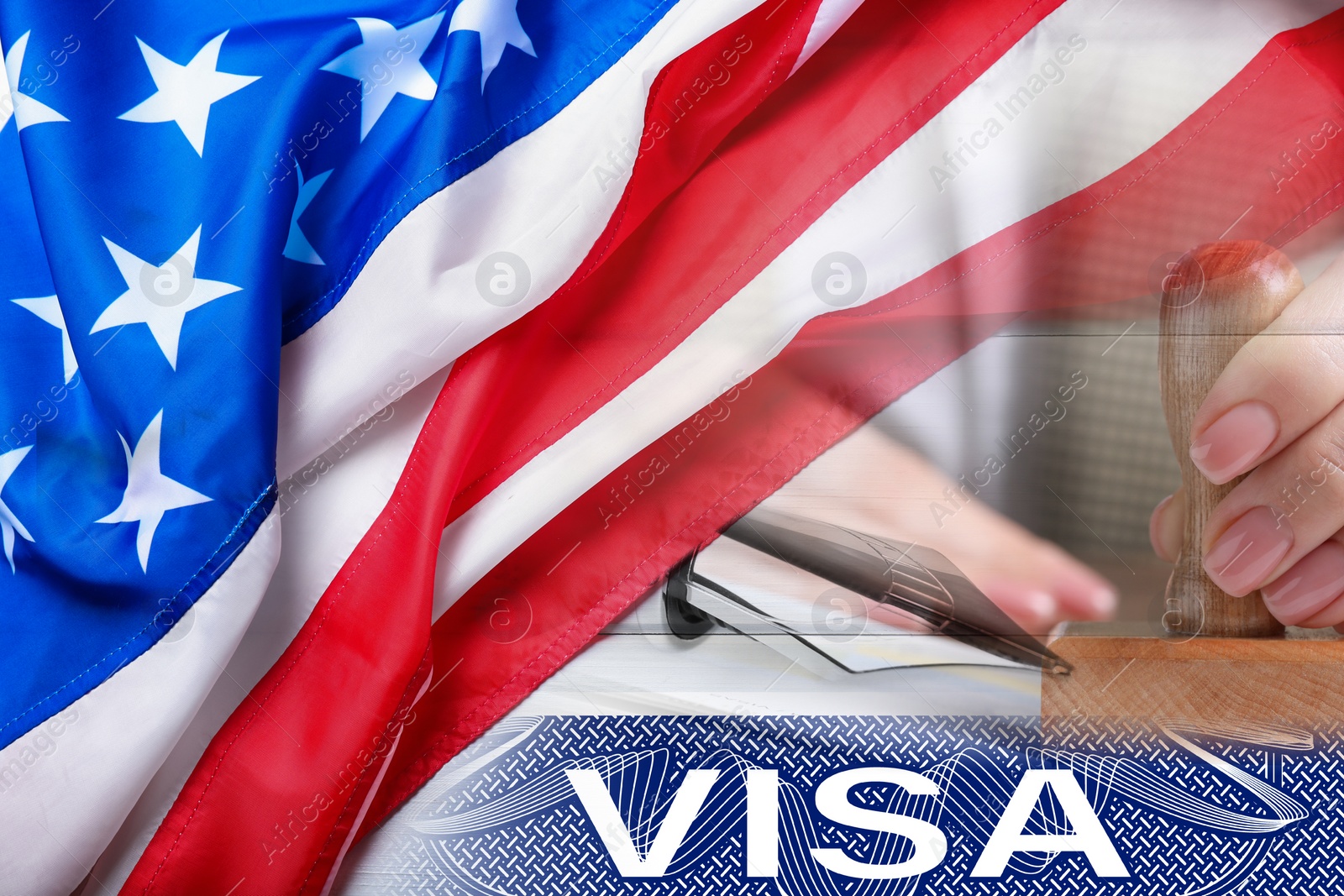 Image of Visa to United States of America, multiple exposure with national flag of USA