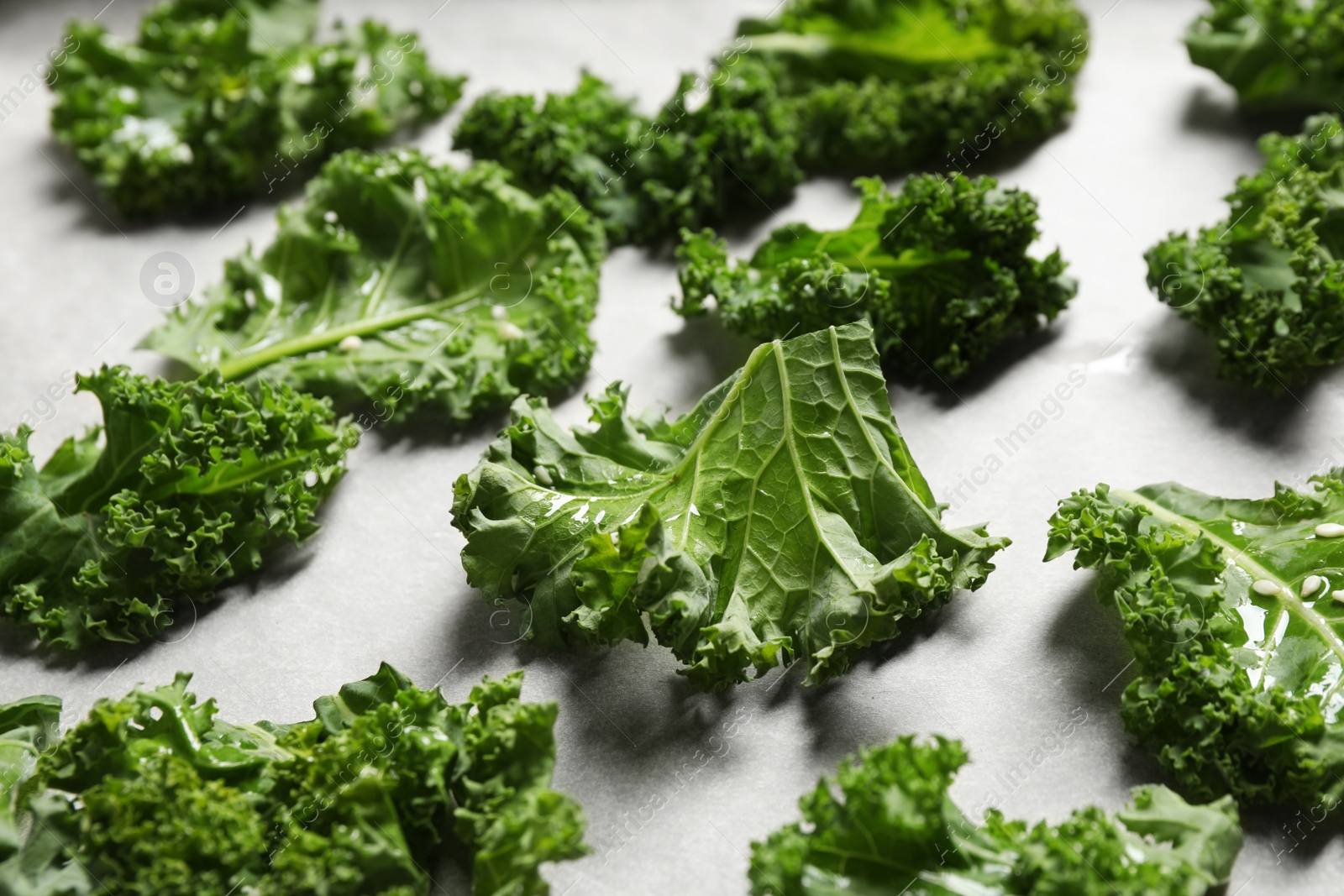 Photo of Raw cabbage leaves on parchment paper, closeup. Preparing kale chips