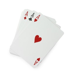 Photo of Three aces playing cards on white background, top view