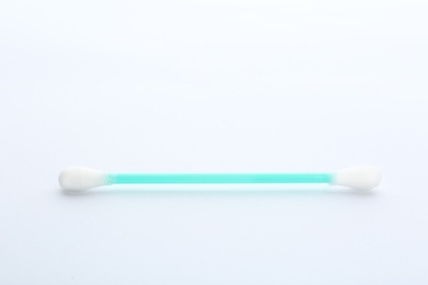 Plastic cotton swab on white background. Hygienic accessory