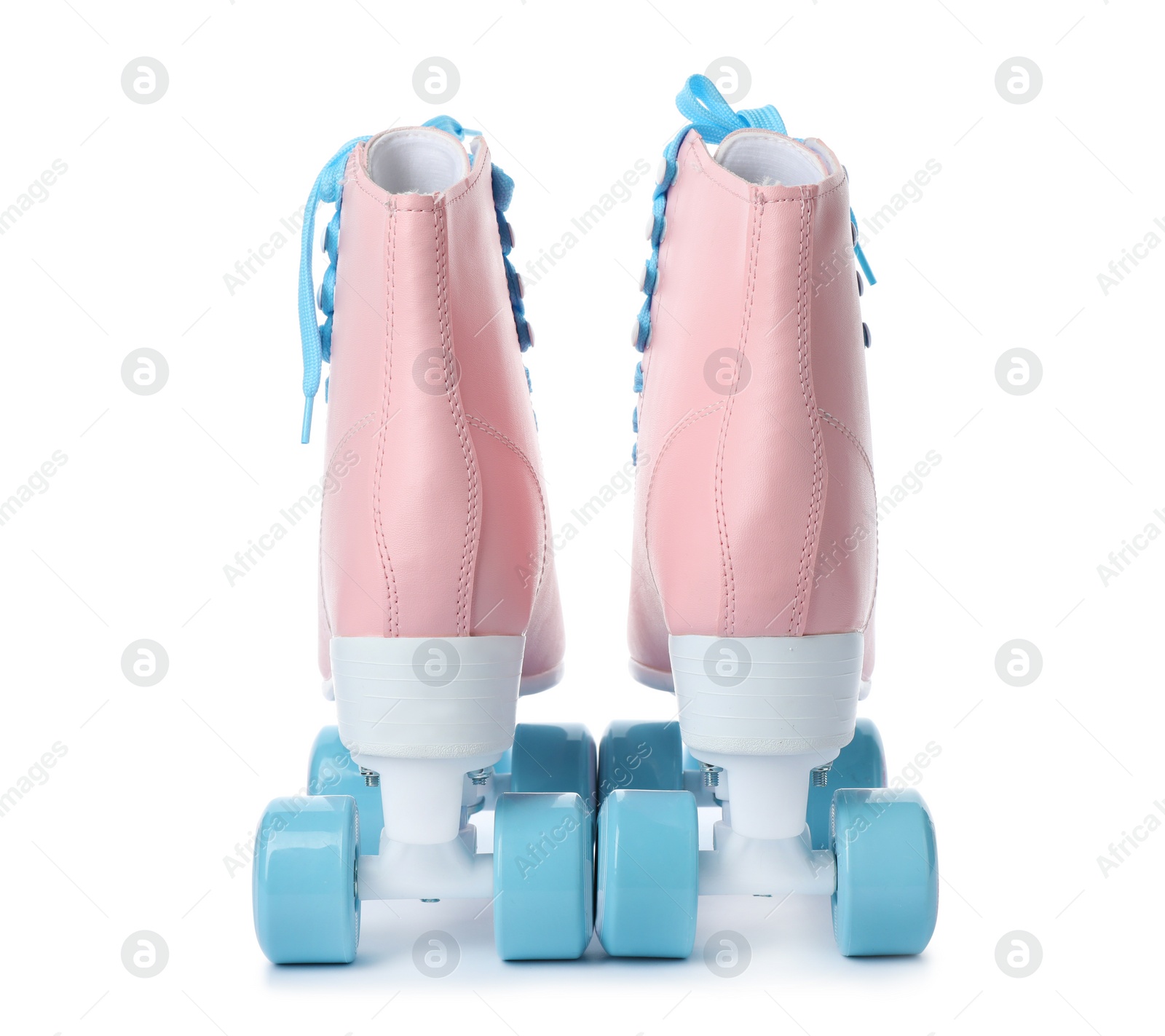 Photo of Pair of stylish quad roller skates on white background