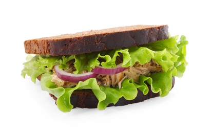 Photo of Delicious sandwich with tuna and vegetables on white background