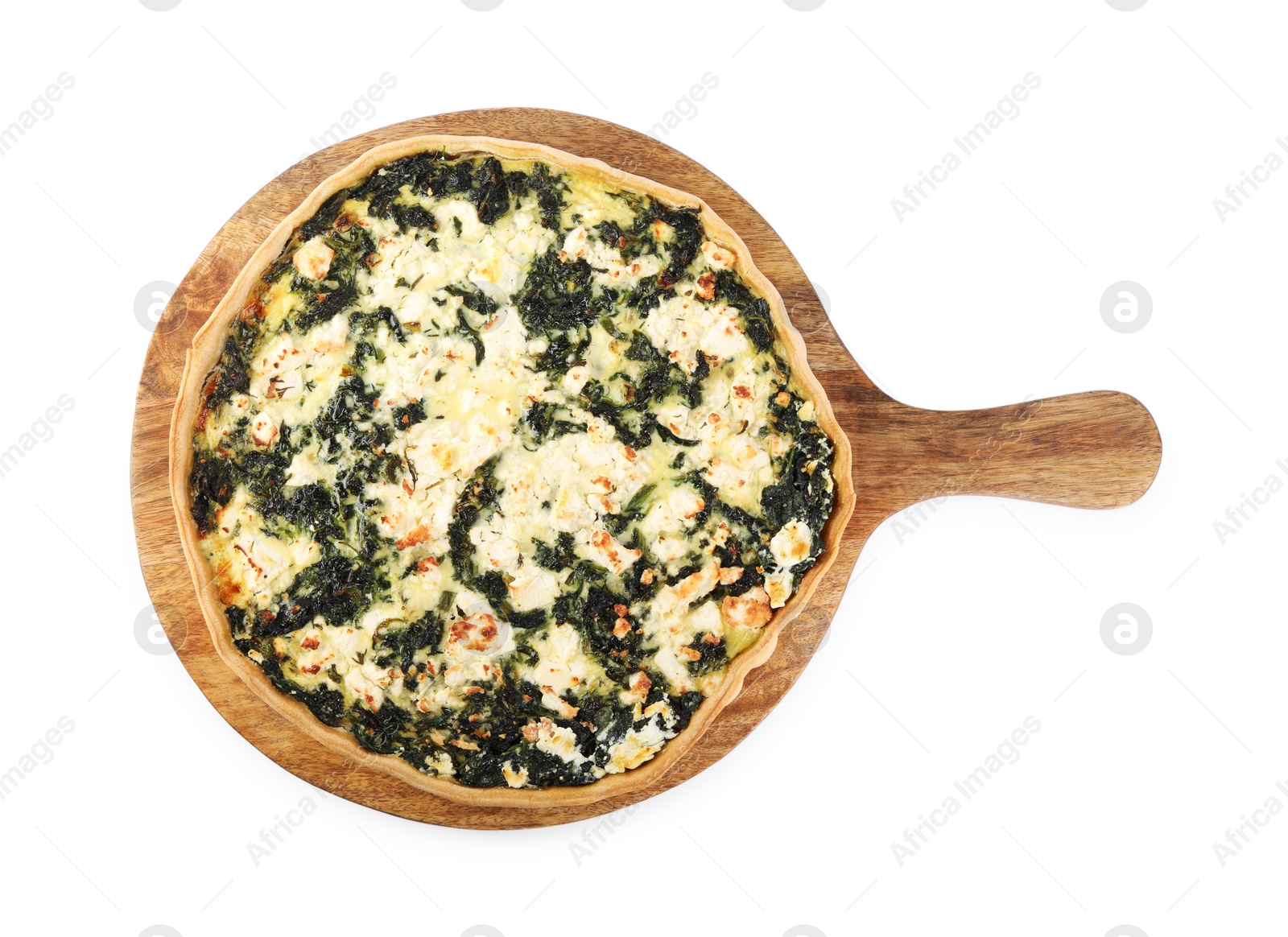 Photo of Delicious homemade spinach quiche isolated on white, top view