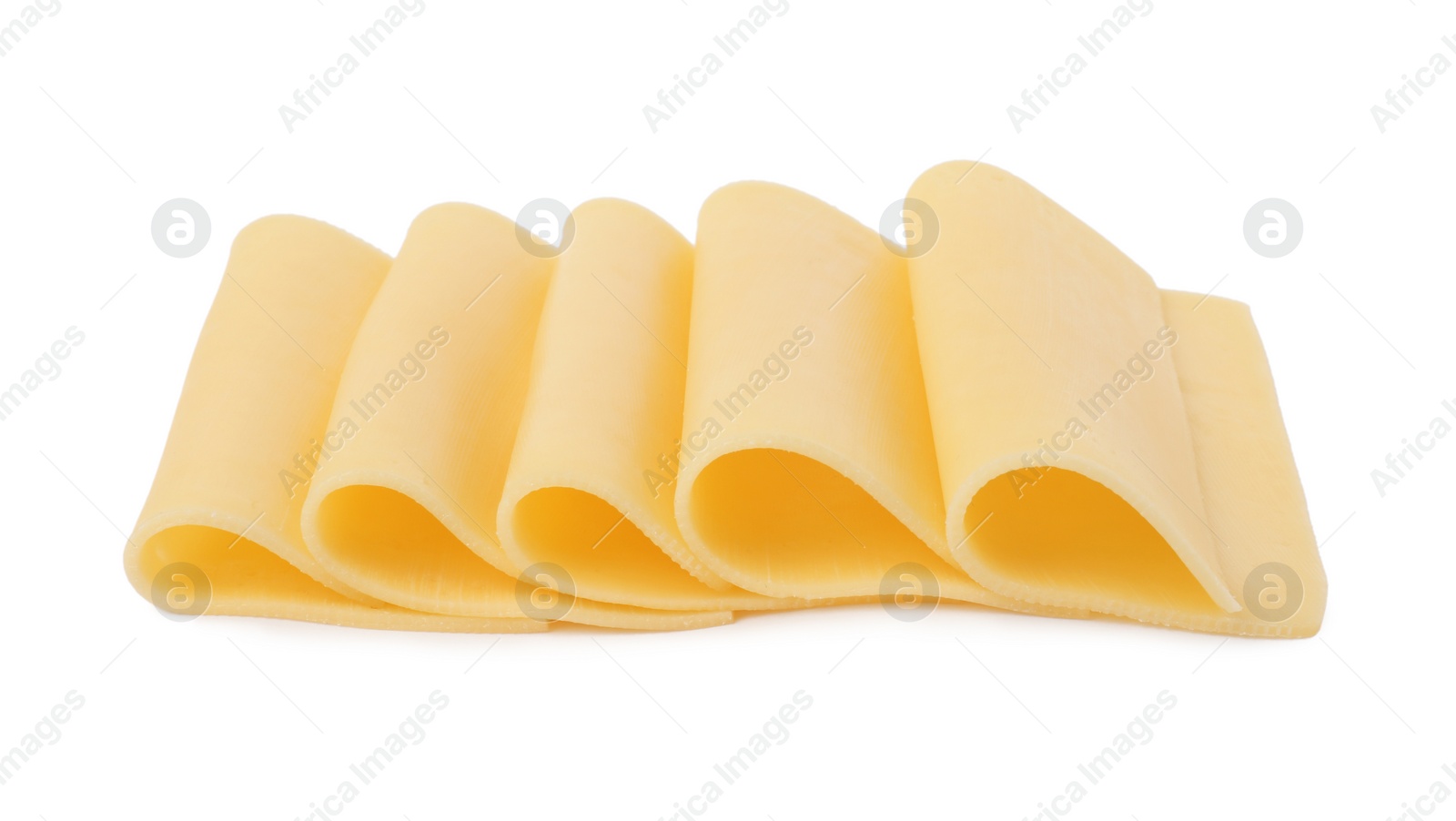 Photo of Slices of tasty fresh cheese isolated on white