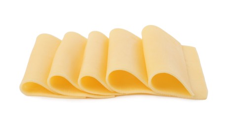 Photo of Slices of tasty fresh cheese isolated on white