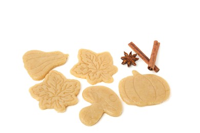 Unbaked cookies of different shapes and spices on white background