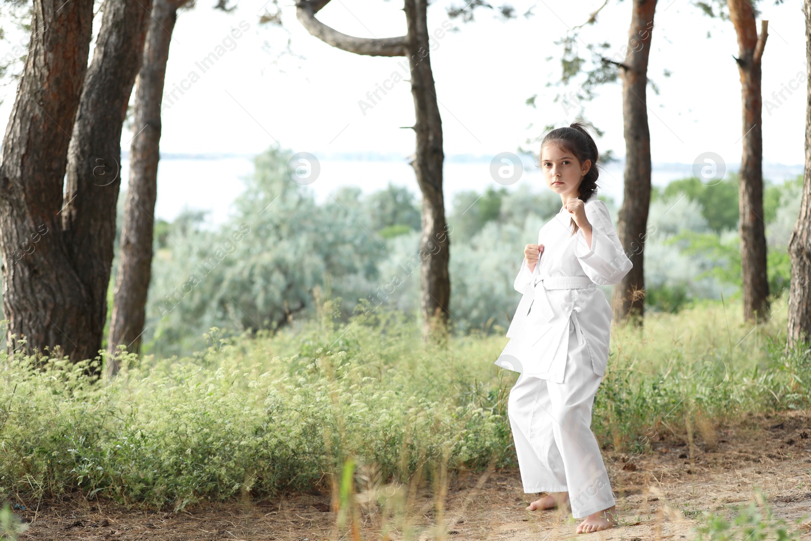 Photo of Cute little girl in kimono practicing karate outdoors