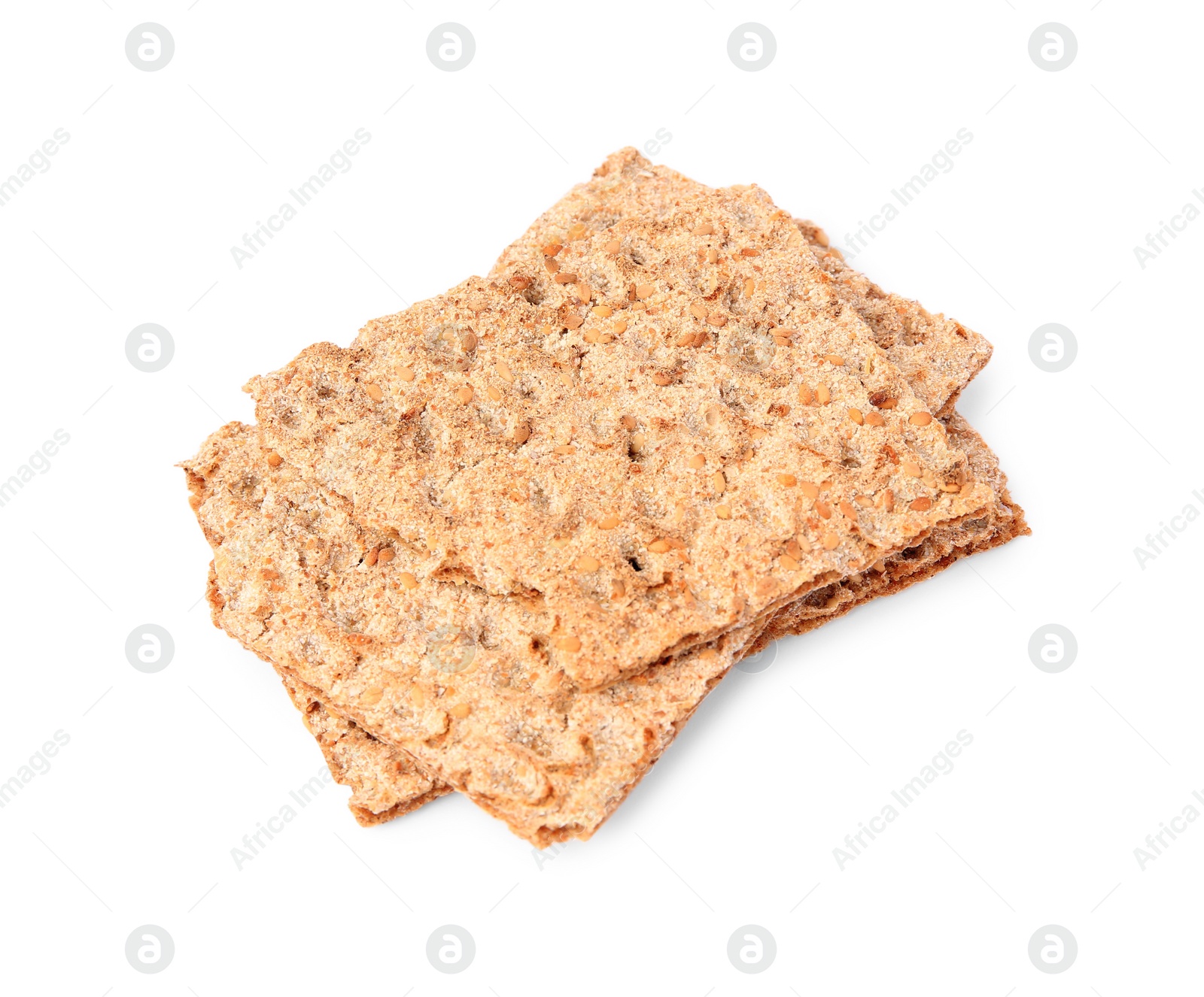 Photo of Many fresh crunchy crispbreads on white background. Healthy snack