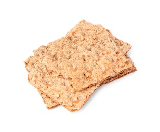 Many fresh crunchy crispbreads on white background. Healthy snack