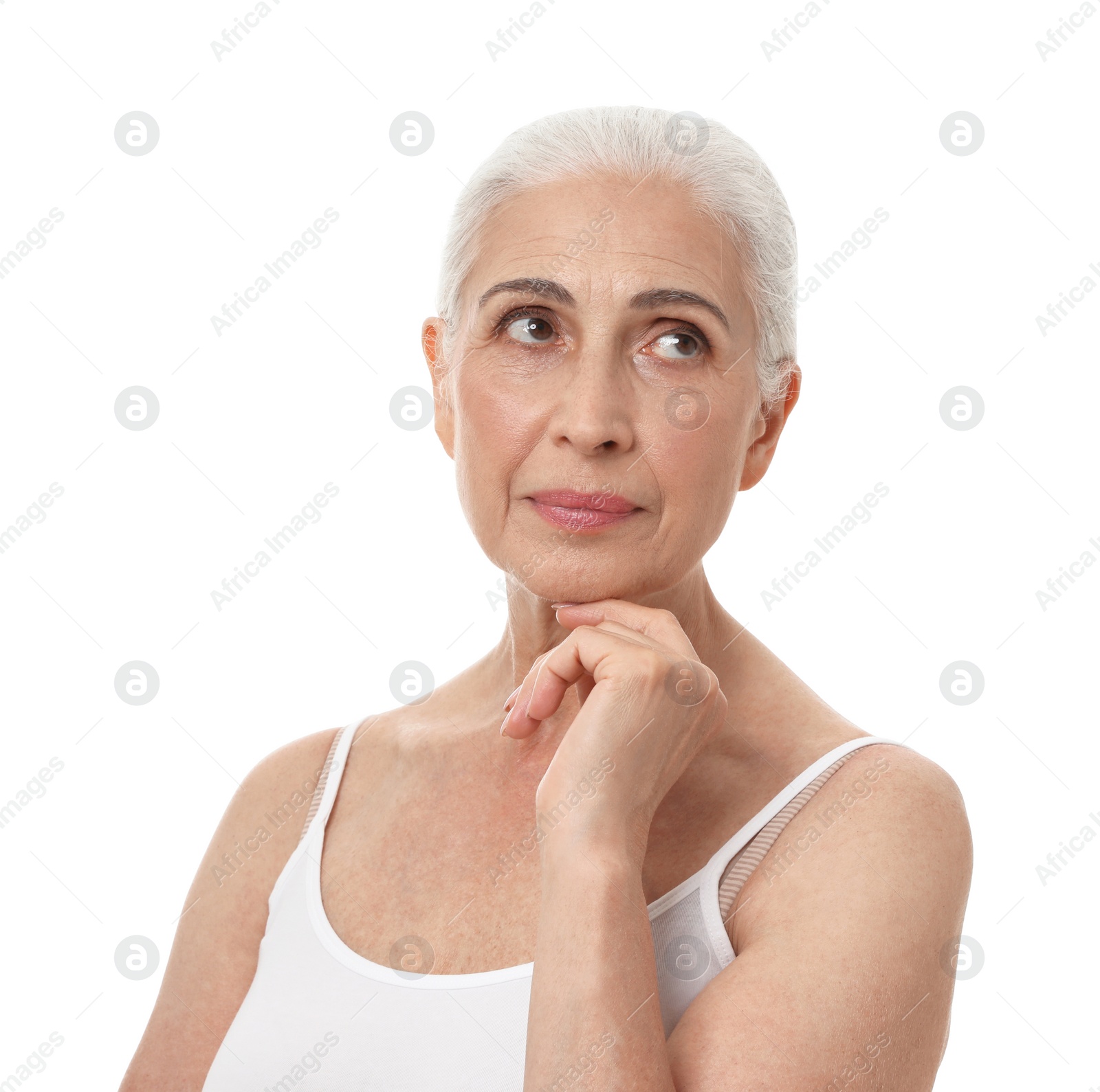 Photo of Portrait of beautiful mature woman on white background