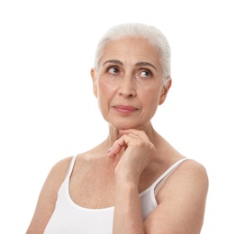 Portrait of beautiful mature woman on white background