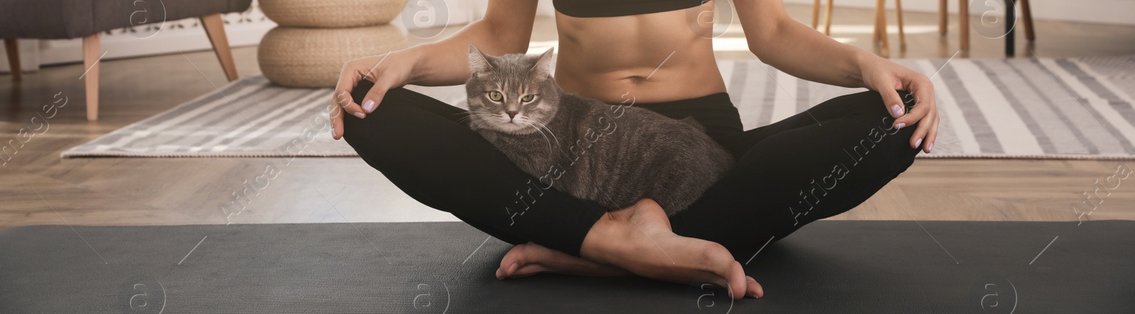 Image of Woman with cat practicing yoga at home. Horizontal banner design 