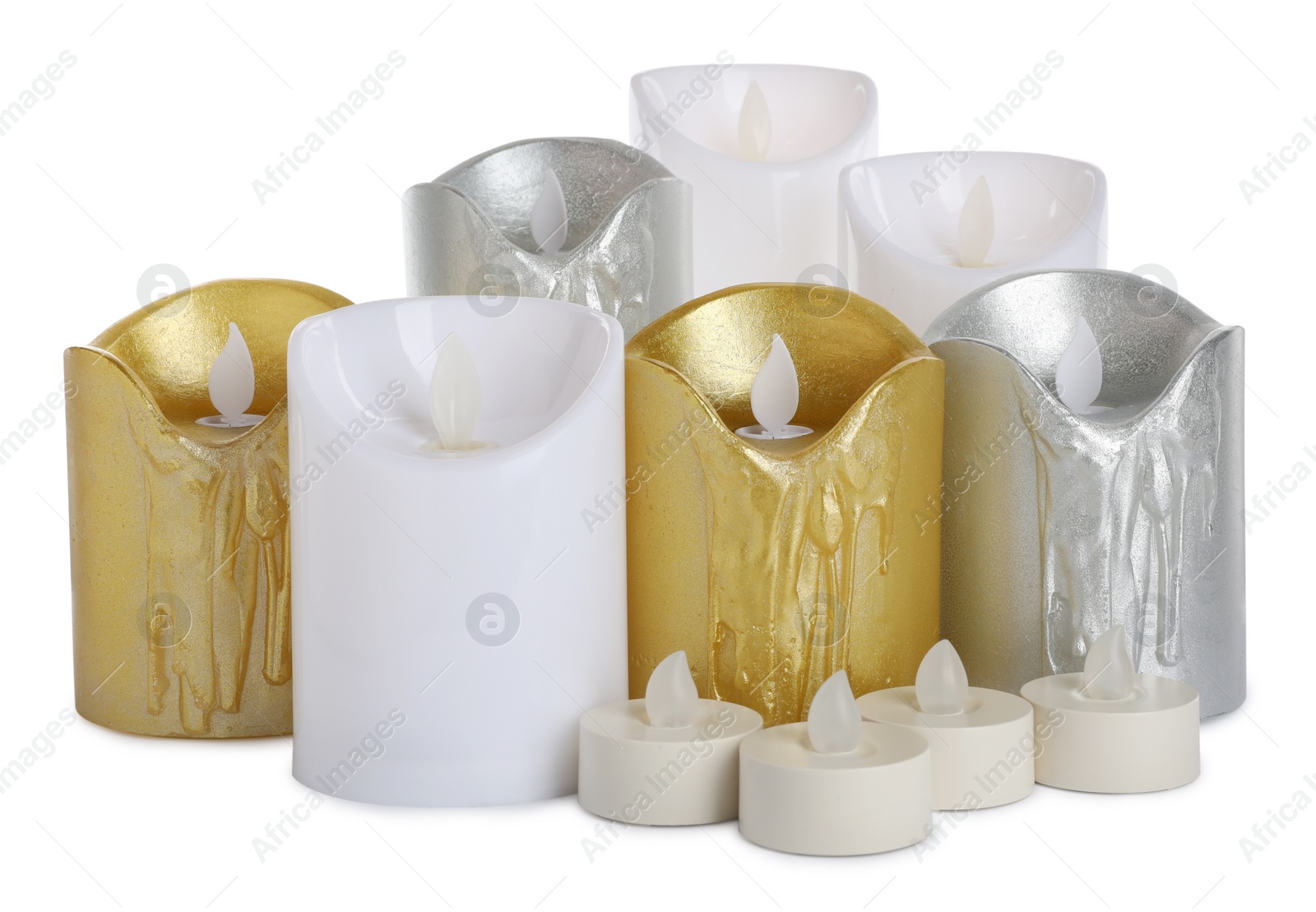 Photo of Different decorative flameless LED candles on white background