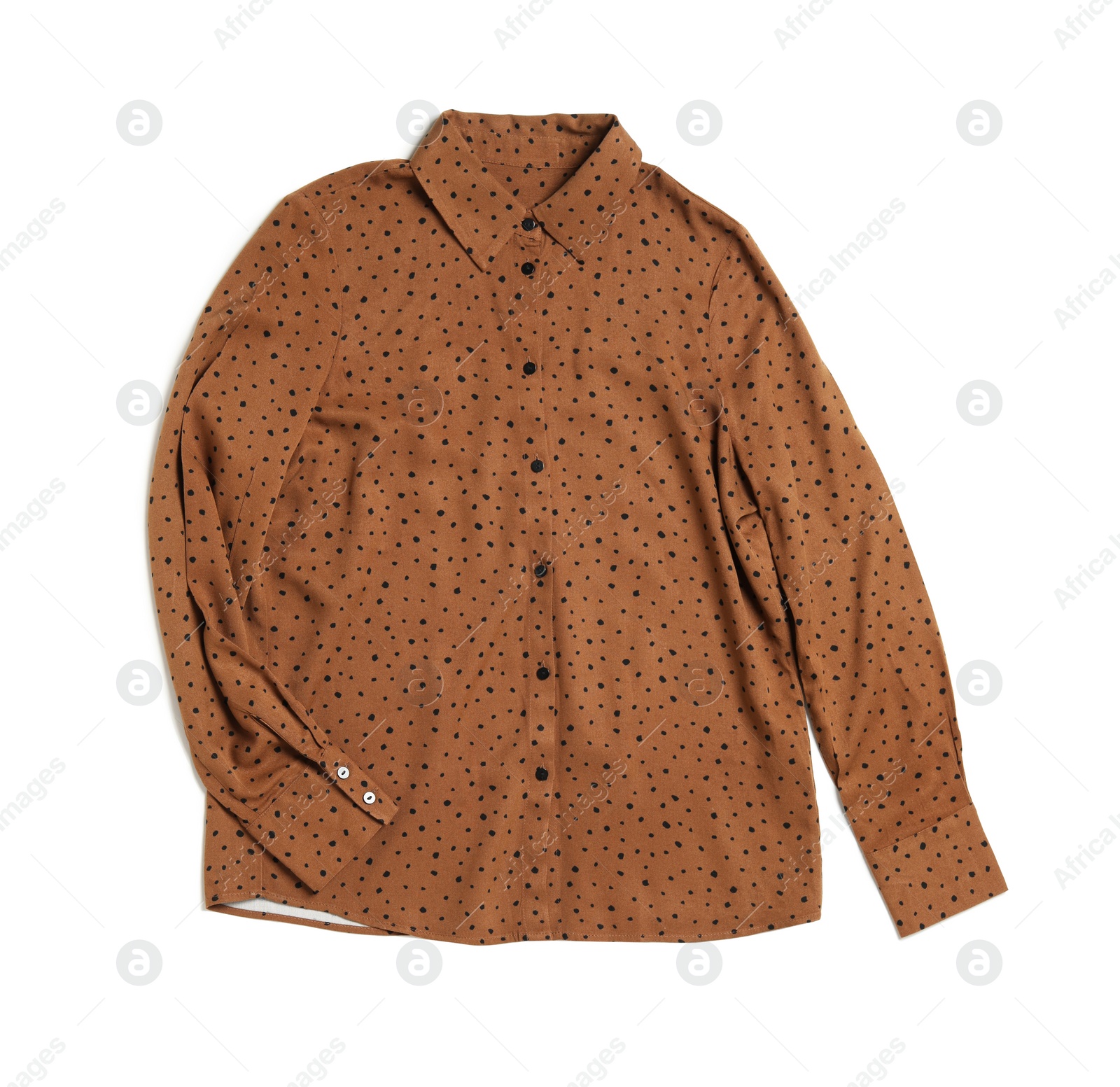 Photo of Beautiful brown blouse isolated on white, top view