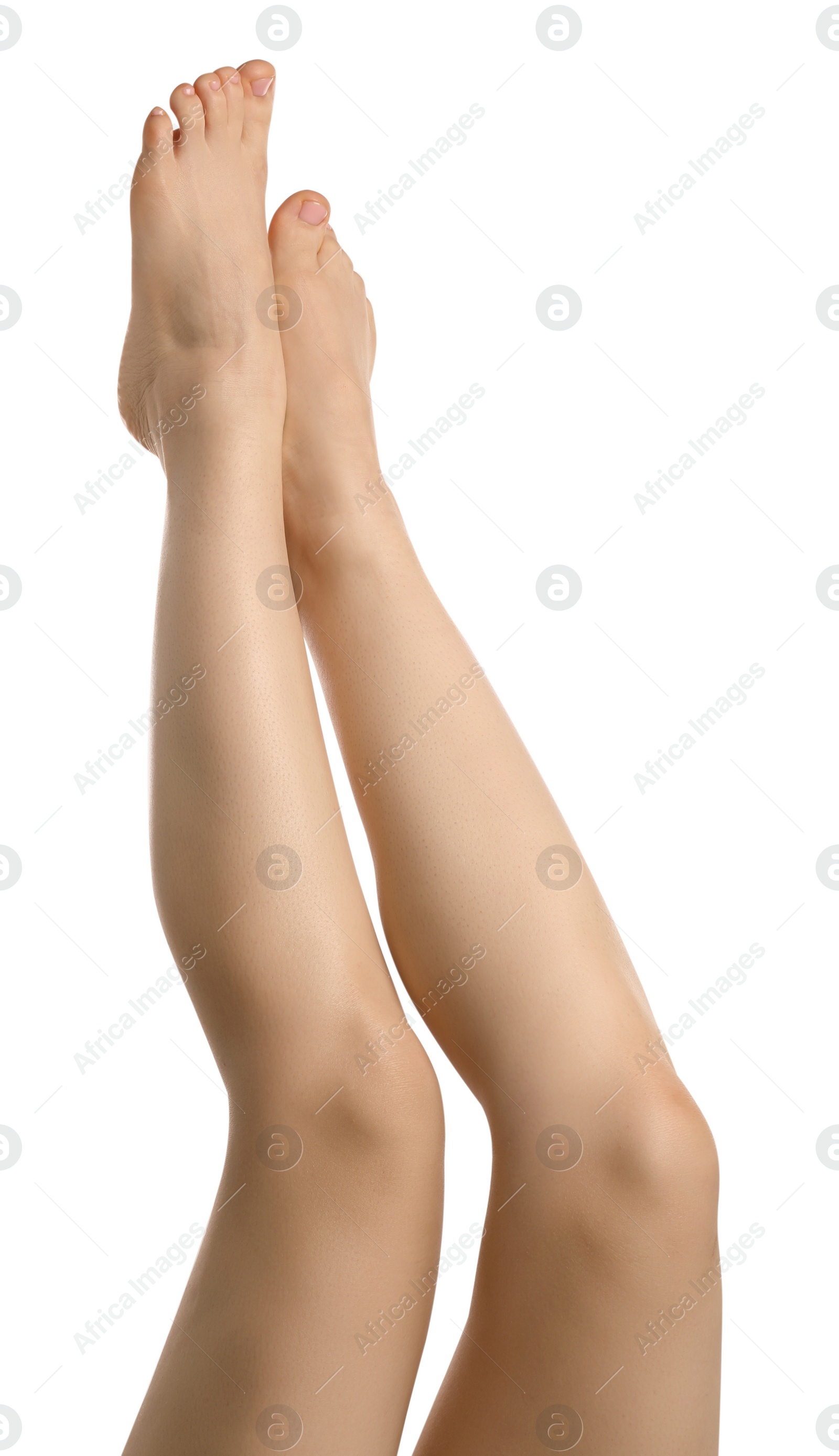 Photo of Woman with beautiful legs isolated on white, closeup