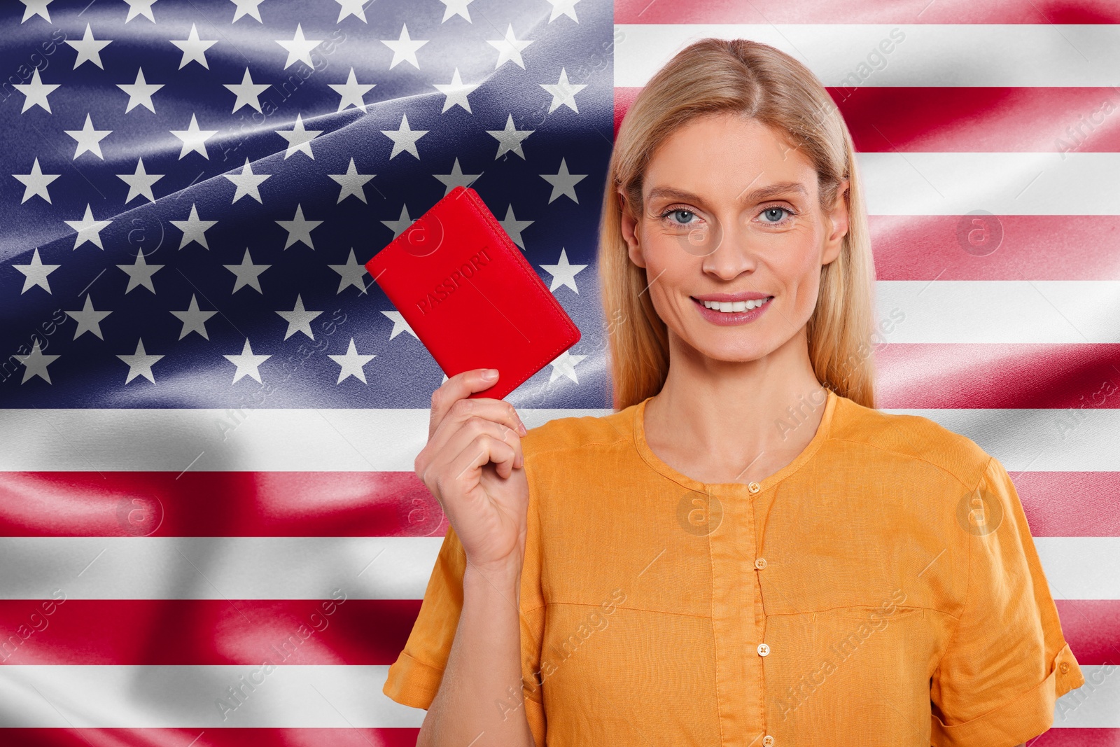 Image of Immigration. Happy woman with passports against national flag of United States, space for text
