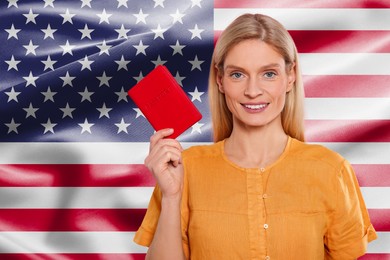 Immigration. Happy woman with passports against national flag of United States, space for text