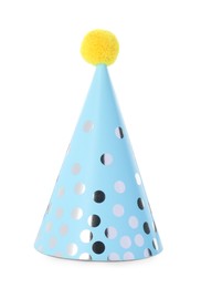 Photo of One light blue party hat with pompom isolated on white