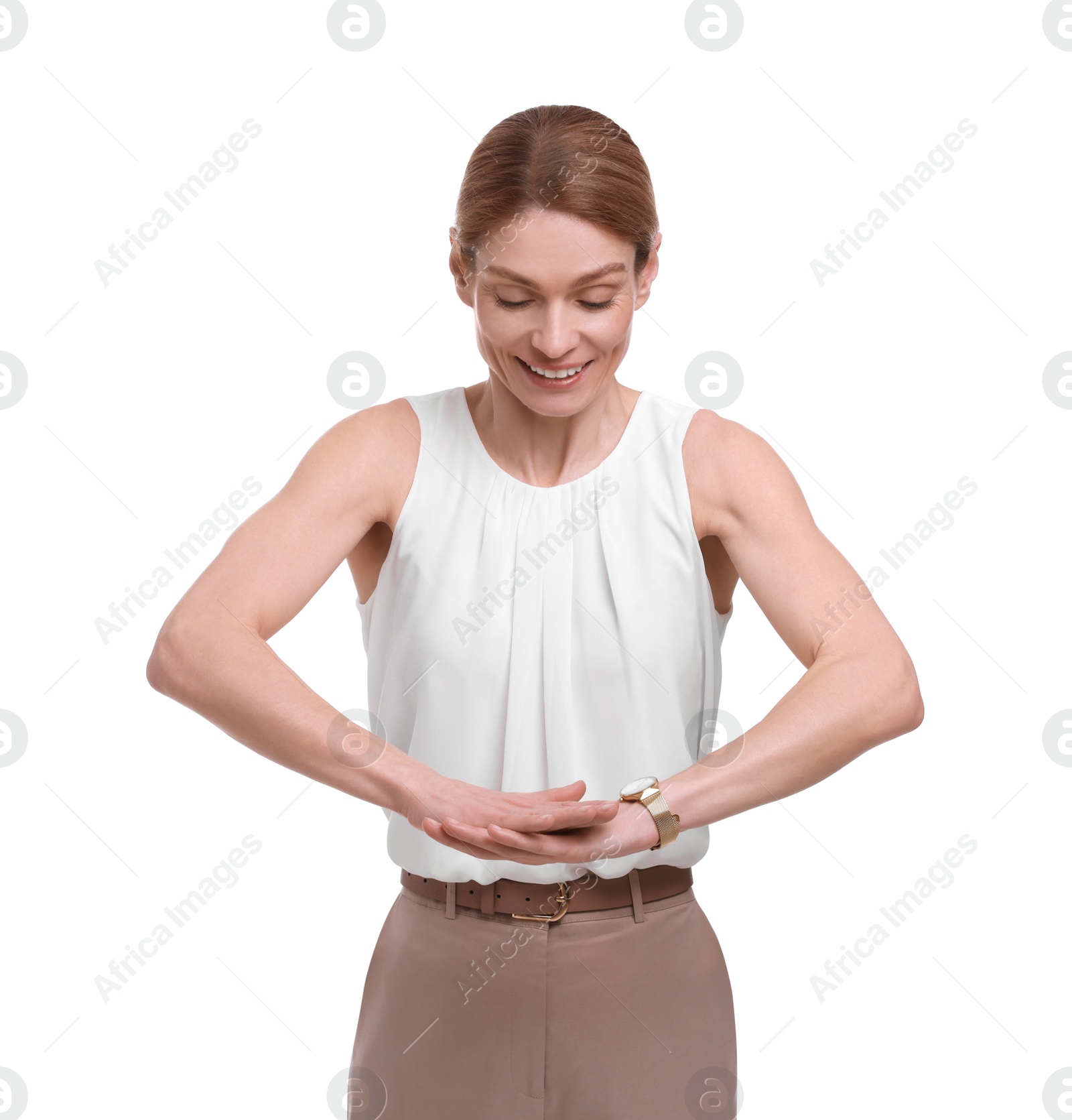 Photo of Beautiful happy businesswoman posing on white background