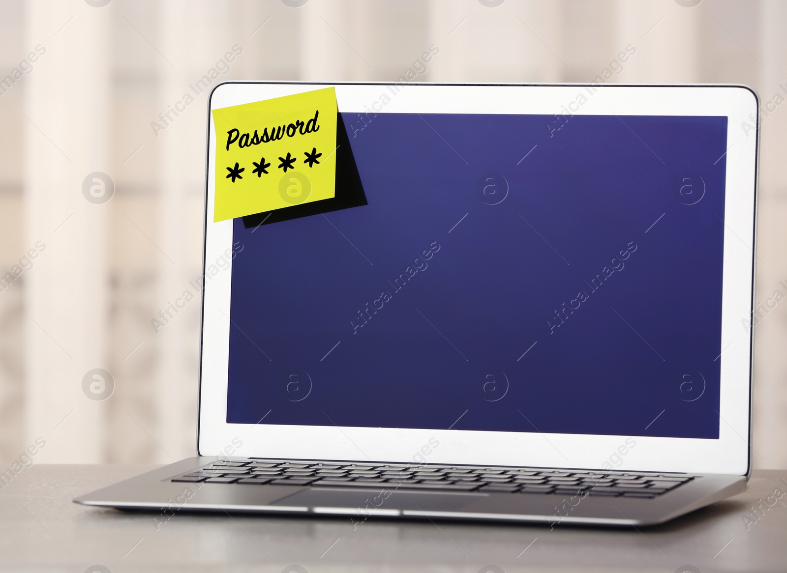Image of Sticky note with password on laptop indoors. Space for text