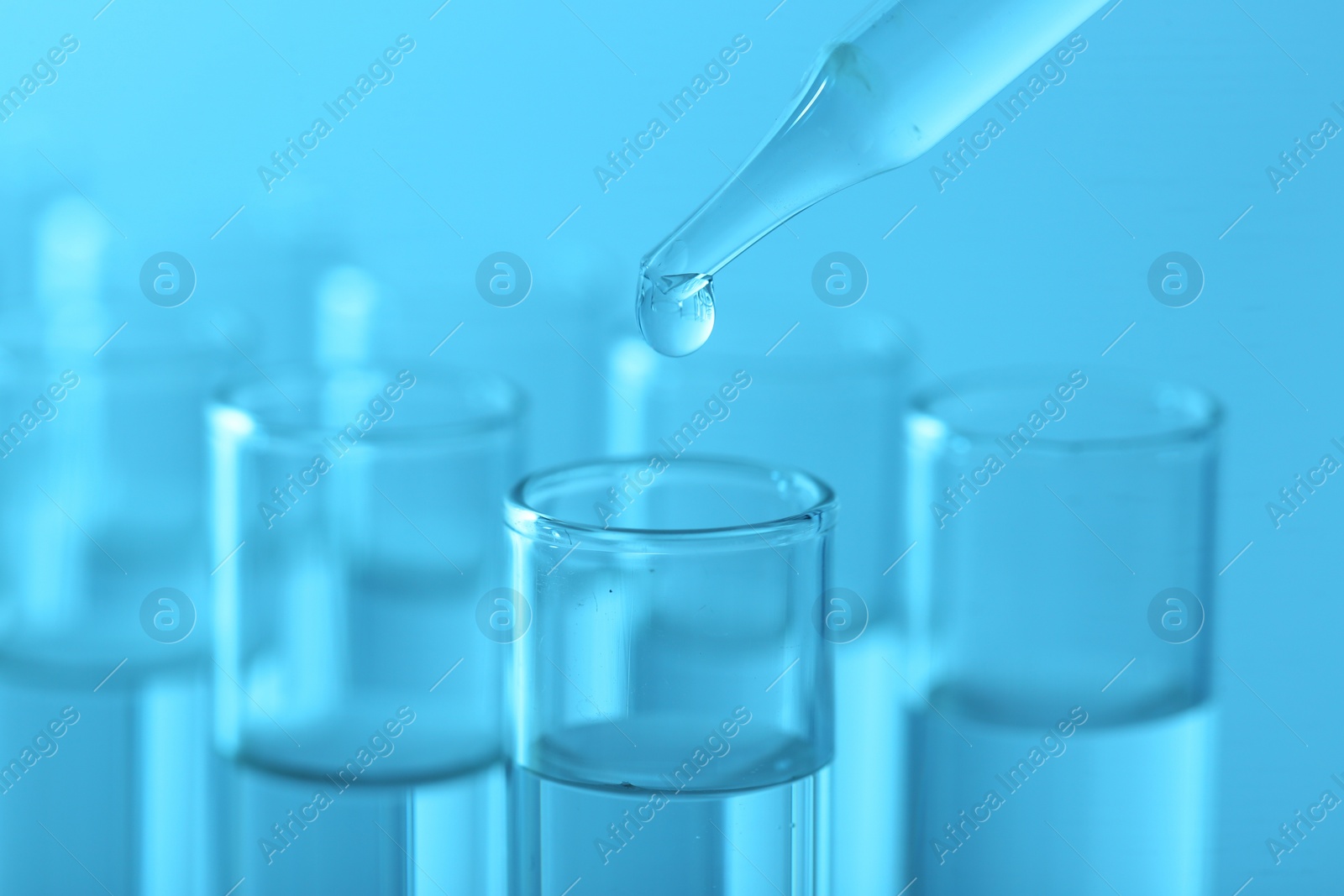 Photo of Laboratory analysis. Dripping liquid from pipette into glass test tube on light blue background, closeup