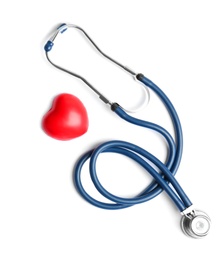 Stethoscope and heart model on light background, top view. Medical equipment