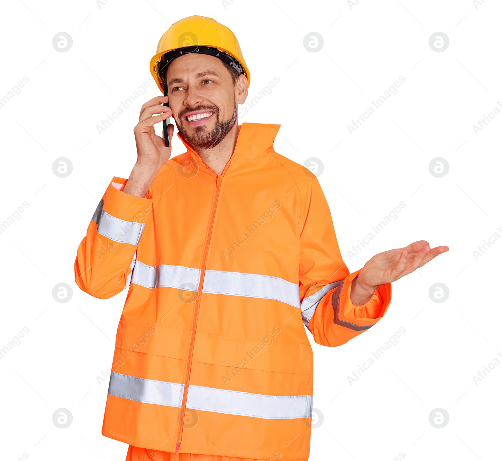 Photo of Man in reflective uniform talking on phone against white background