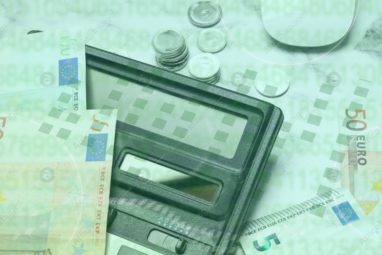 Image of Calculator and money on marble background, closeup