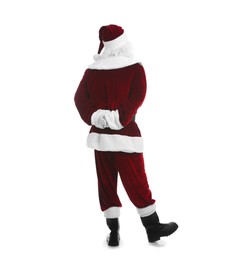 Photo of Santa Claus in costume on white background, back view