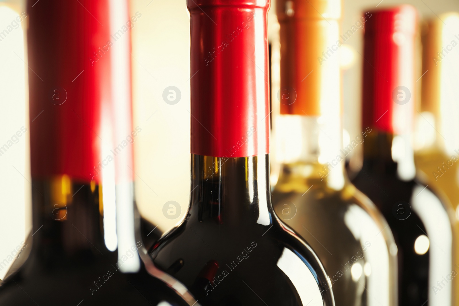 Photo of Bottles with delicious wine, closeup. Professional sommelier