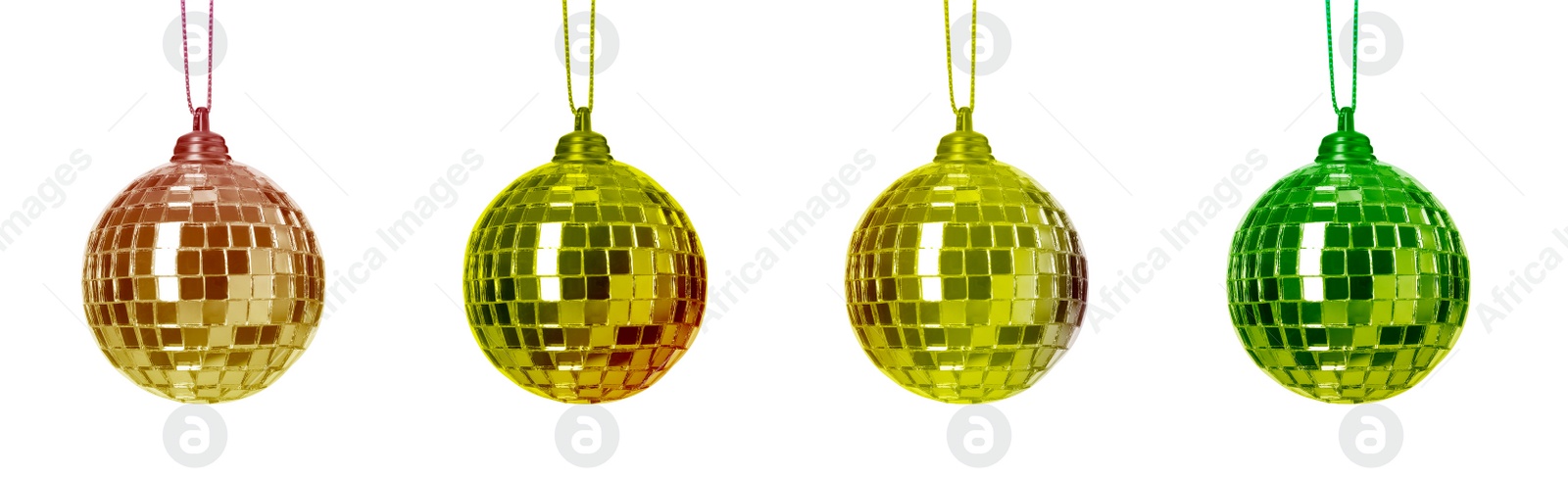 Image of Set with colorful shiny disco balls on white background. Banner design