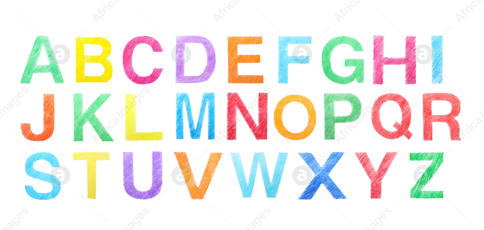 Image of Set of letters written with color pencils on white background, top view. Banner design