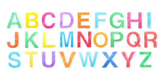 Image of Set of letters written with color pencils on white background, top view. Banner design